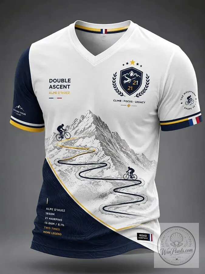 Tour de France Alpe D'Huez Cycling Race White V-Neck T-Shirt