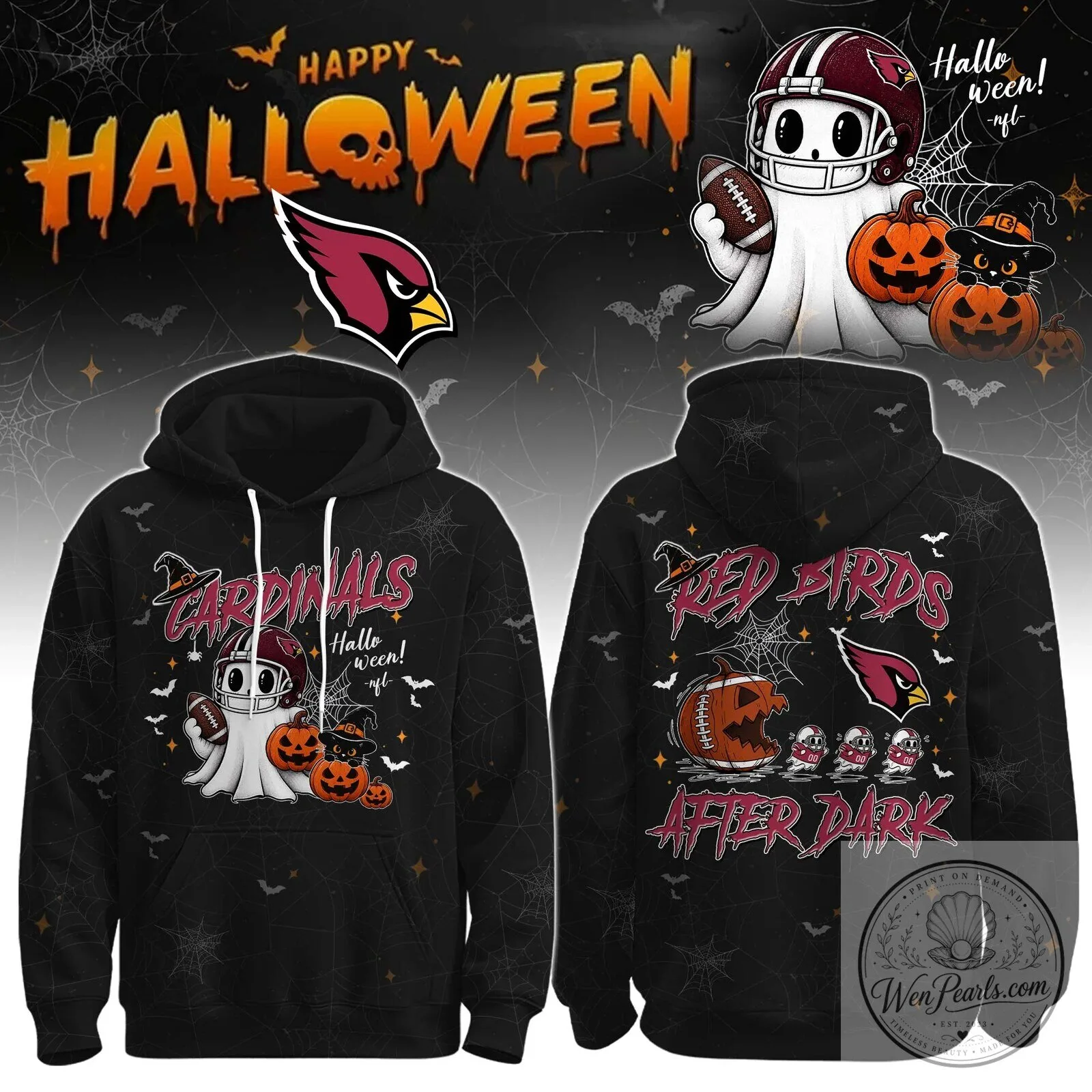 Arizona Cardinals Football Halloween Ghost Pumpkin Black Hoodie