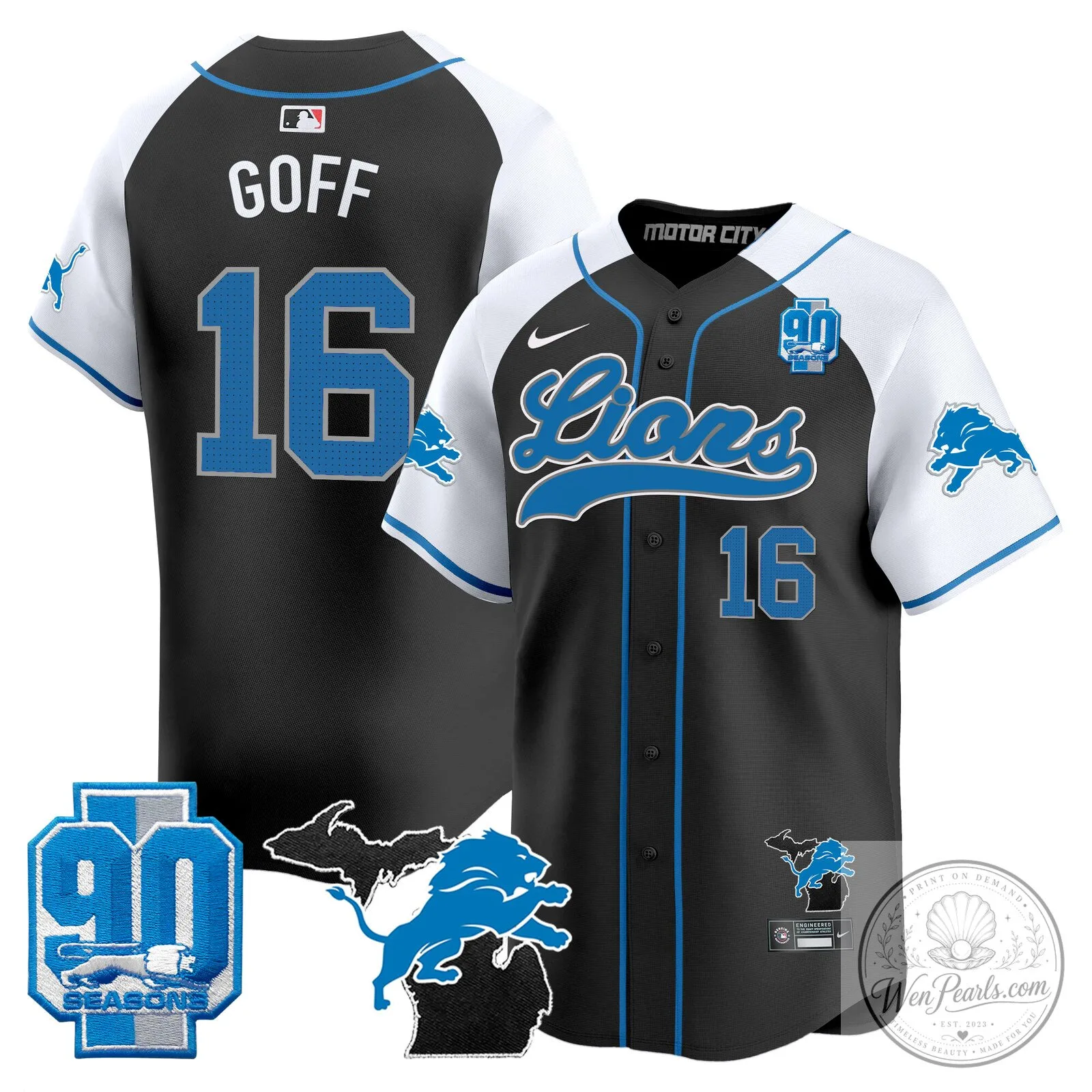 Detroit Lions Jared Goff 90th Season Patch Baseball Jersey Black
