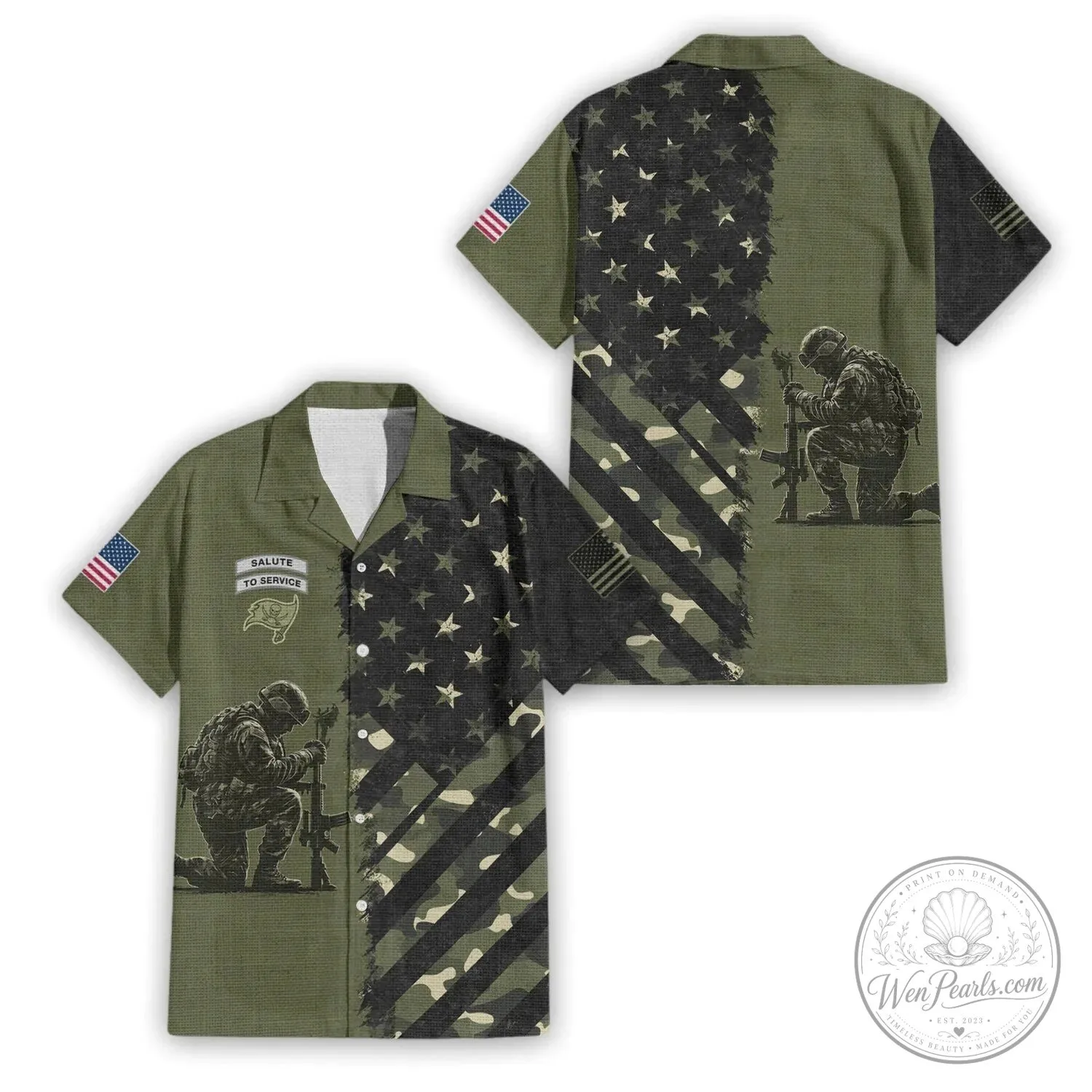 Hawaiian Shirt Featuring Kneeling Soldier and American Flag in Tribute to Service