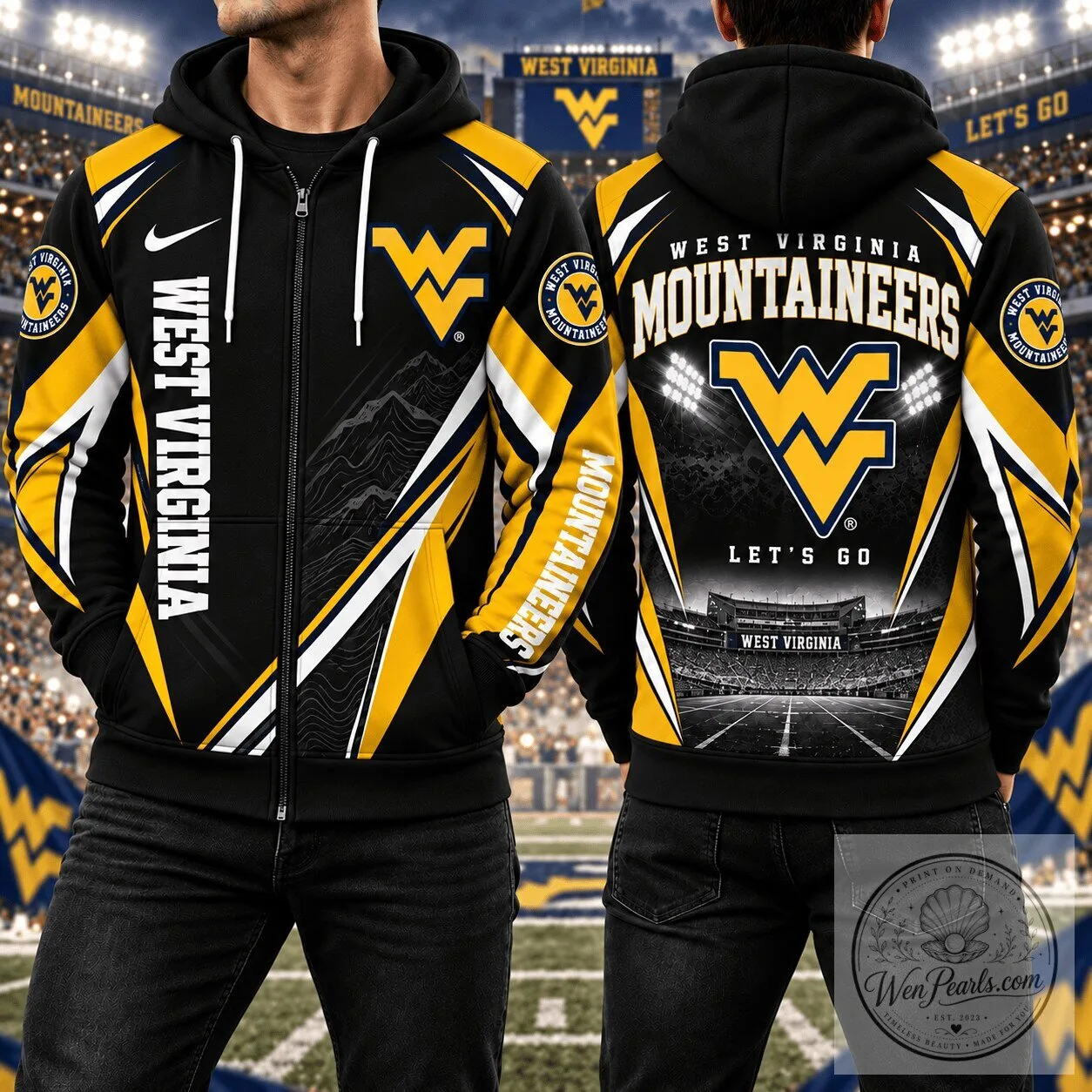 West Virginia Mountaineers Football Team Black and Gold Full Zip Hoodie