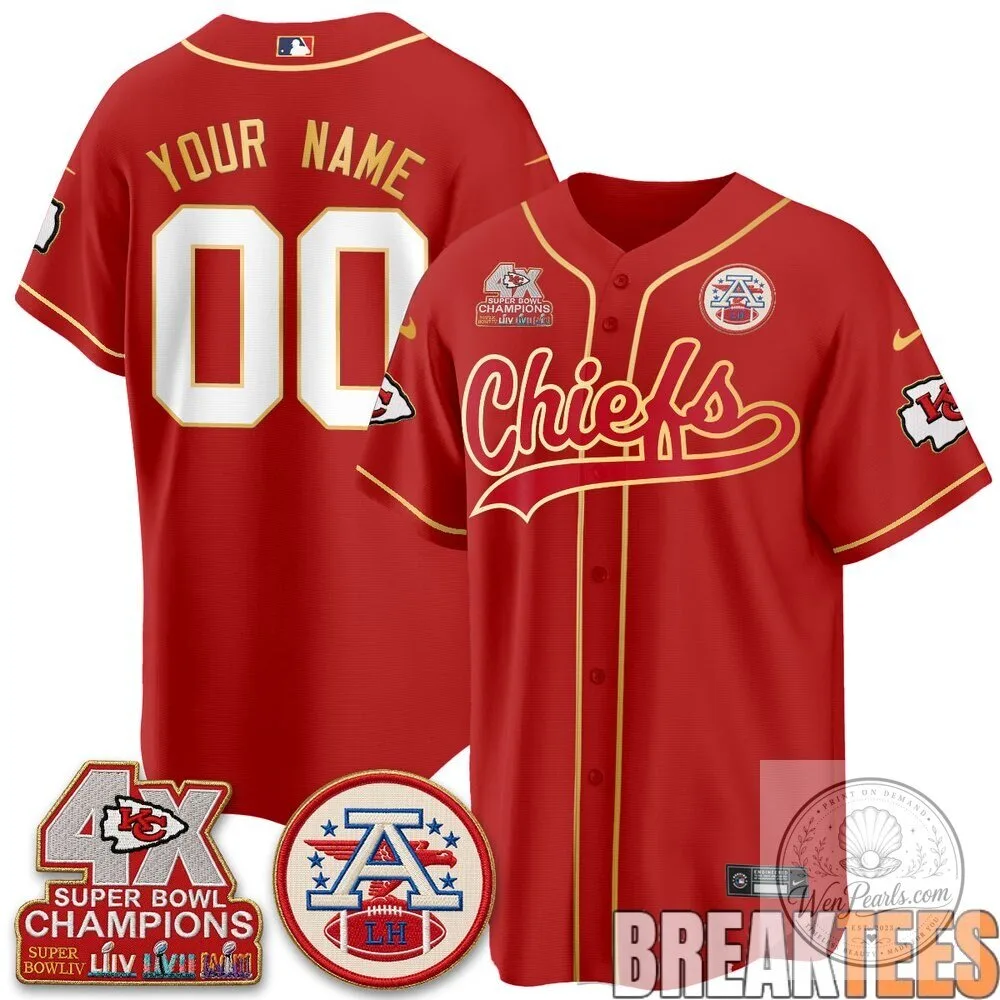 Kansas City Chiefs Four Time Super Bowl Champions Red Gold Trim Baseball Jersey