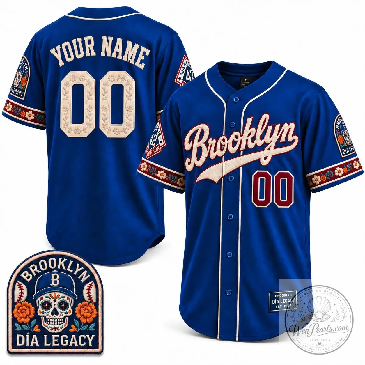 Brooklyn Dia Legacy Baseball Jersey with Sugar Skull and Floral Trim