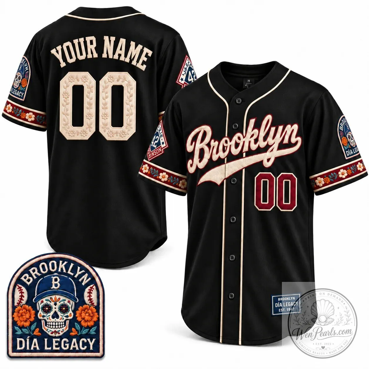Brooklyn Dia Legacy Baseball Jersey with Sugar Skull and Floral Trim 8 Brooklyn Dia Legacy Baseball Jersey with Sugar Skull and Floral Trim