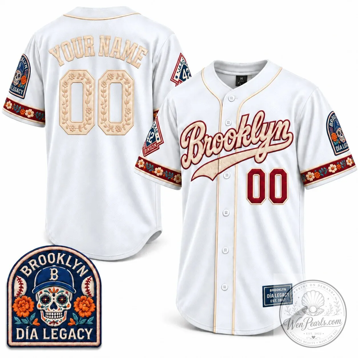 Brooklyn Dia Legacy Baseball Jersey with Sugar Skull and Floral Trim 9 Brooklyn Dia Legacy Baseball Jersey with Sugar Skull and Floral Trim