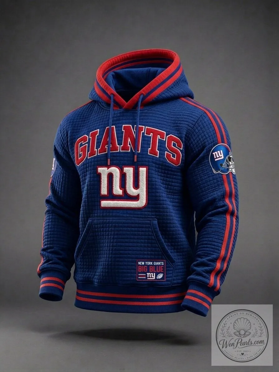 New York Giants Quilted Blue and Red Striped Football Team Hoodie
