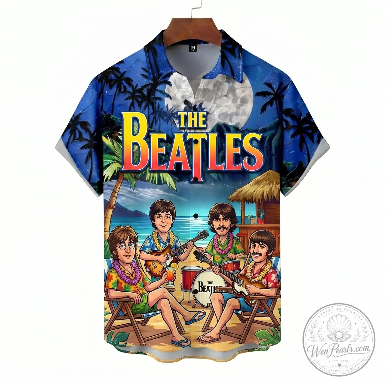 The Beatles Band Members Playing Music on Beach Hawaiian Shirt