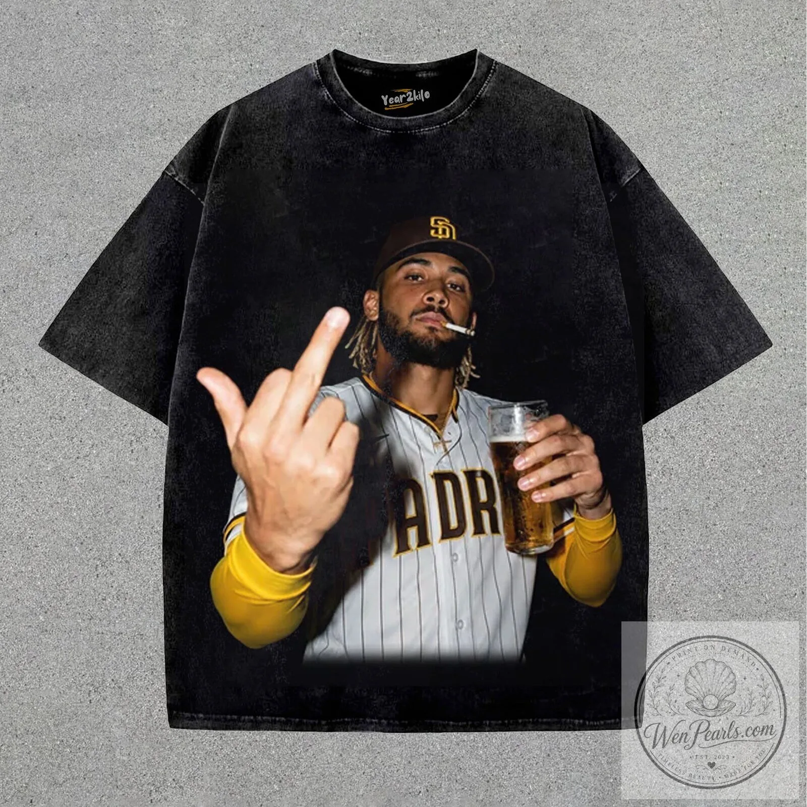 Fernando Tatis Junior Middle Finger Baseball Player Black Washed T-Shirt