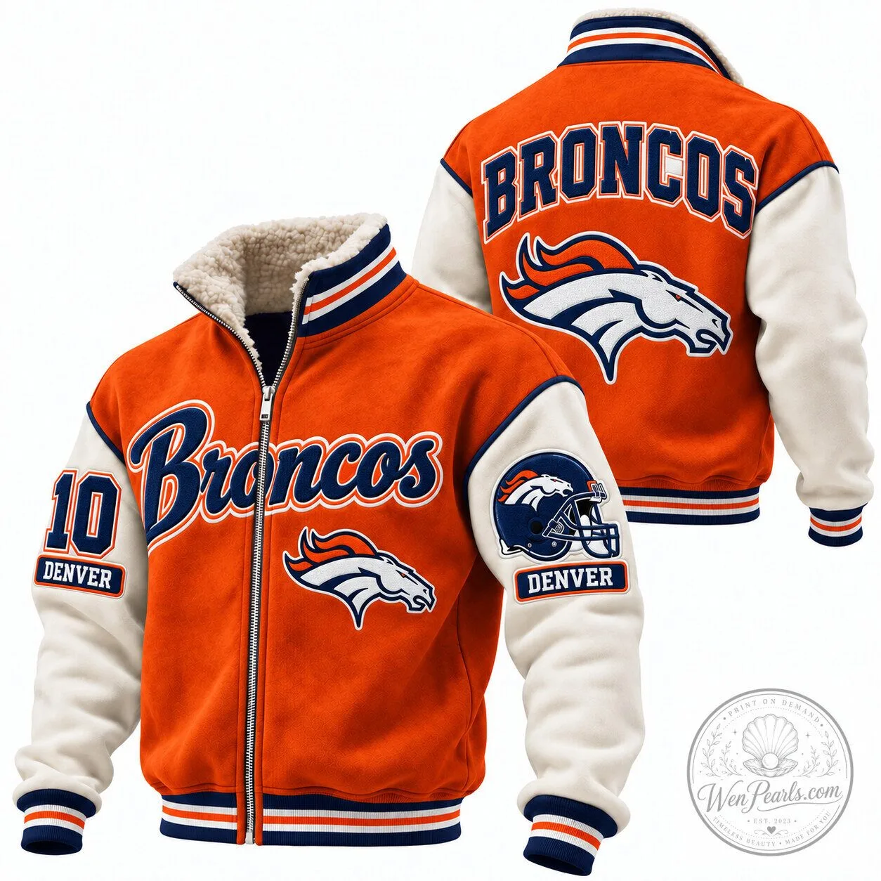Denver Broncos Football Team Varsity Jacket with Embroidered Logo and Number