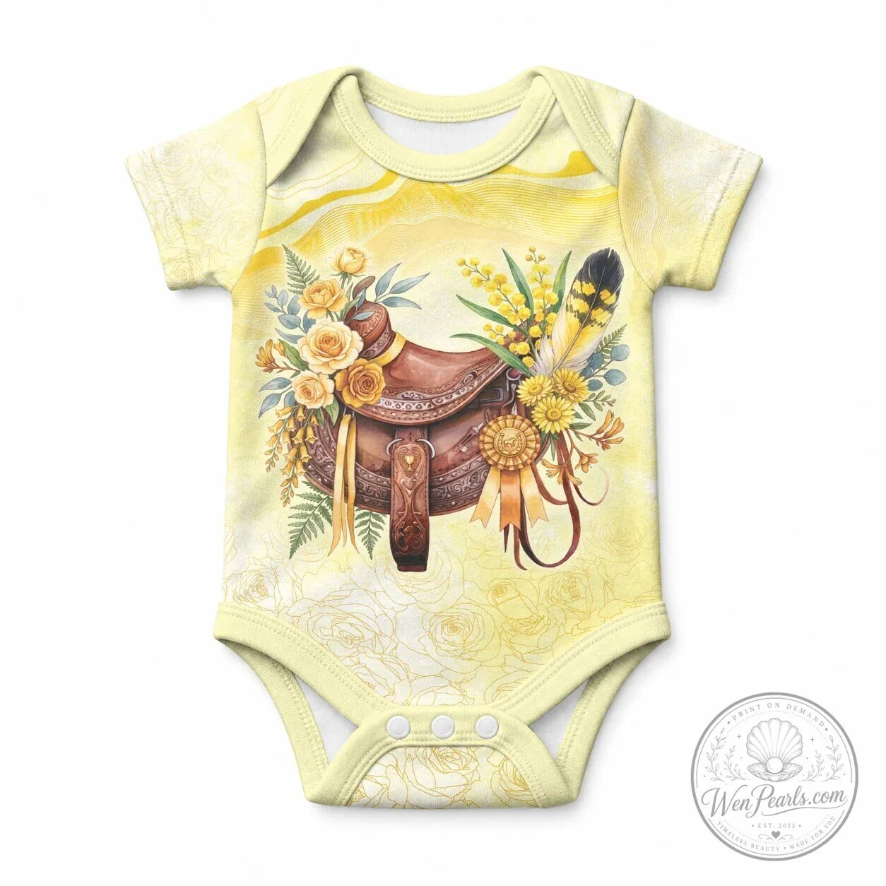 Equestrian Horse Saddle Floral Baby Bodysuit with Yellow Roses and Wattle Flowers 1 Equestrian Horse Saddle Floral Baby Bodysuit with Yellow Roses and Wattle Flowers