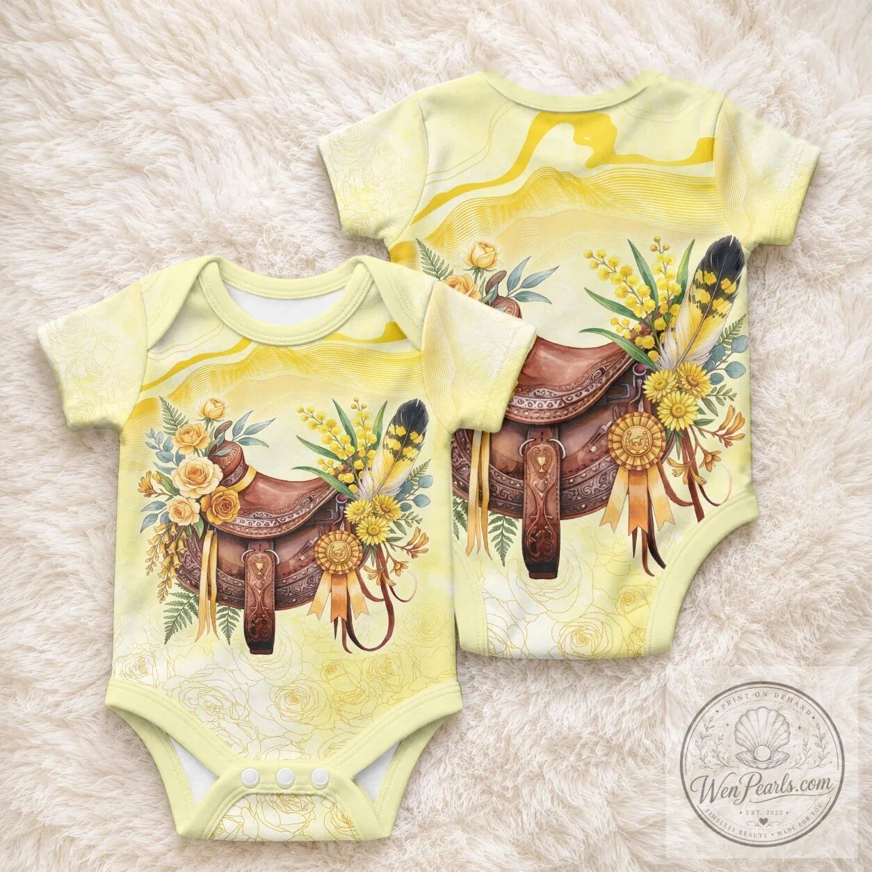 Equestrian Horse Saddle Floral Baby Bodysuit with Yellow Roses and Wattle Flowers 6 Equestrian Horse Saddle Floral Baby Bodysuit with Yellow Roses and Wattle Flowers