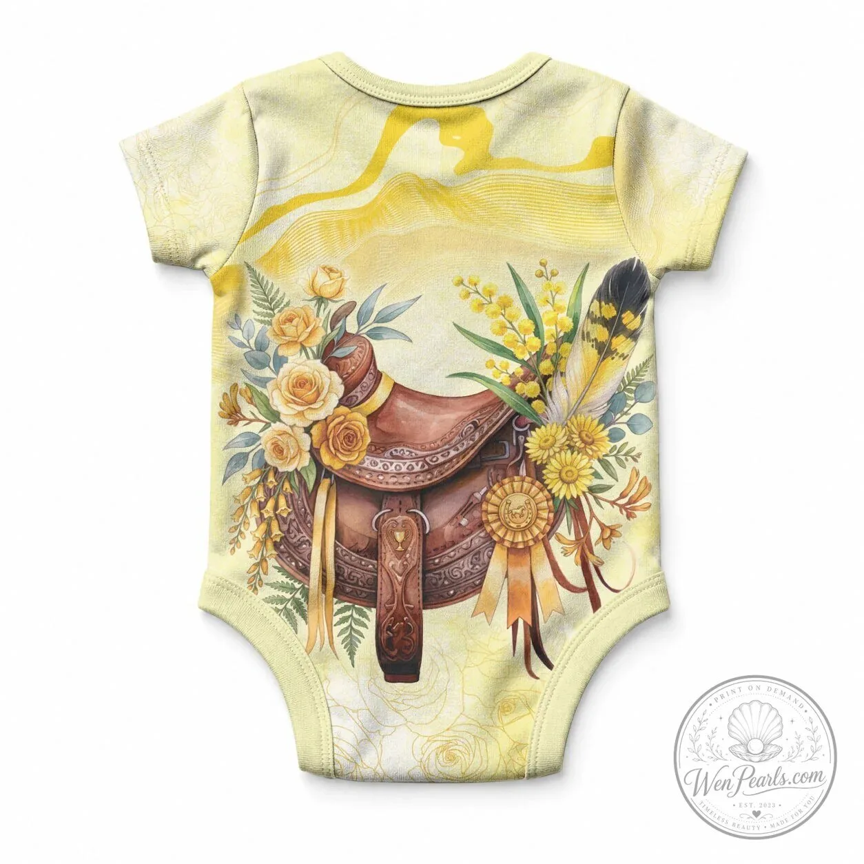 Equestrian Horse Saddle Floral Baby Bodysuit with Yellow Roses and Wattle Flowers 7 Equestrian Horse Saddle Floral Baby Bodysuit with Yellow Roses and Wattle Flowers