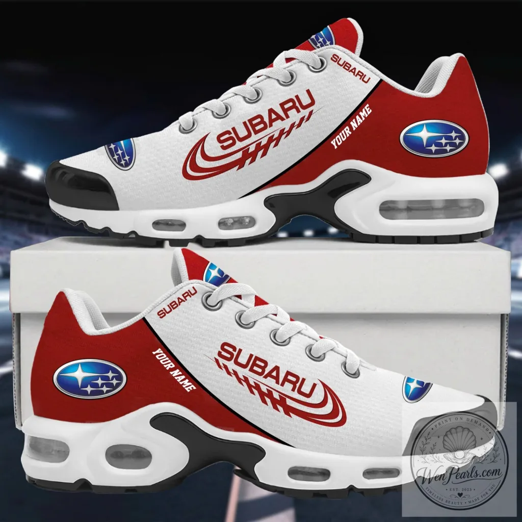 Subaru Car Logo Personalized Name Red and White Athletic Shoes 37 Subaru Car Logo Personalized Name Red and White Athletic Shoes
