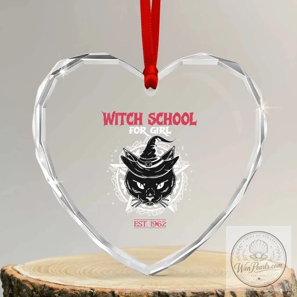 Halloween Witch School Black Cat Heart Crystal Glass Ornament 2 Halloween Witch School Black Cat Heart Crystal Glass Ornament