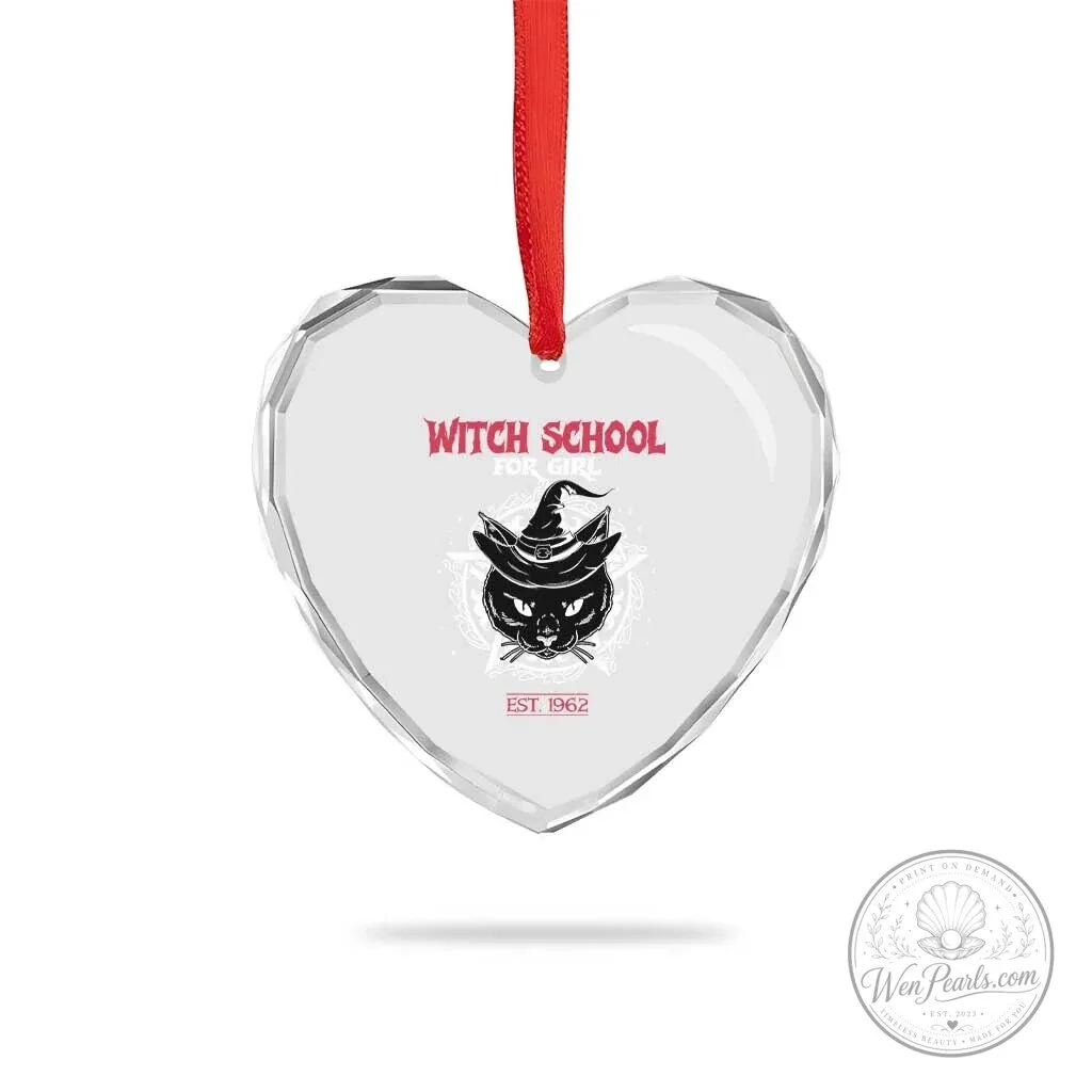 Halloween Witch School Black Cat Heart Crystal Glass Ornament 8 Halloween Witch School Black Cat Heart Crystal Glass Ornament