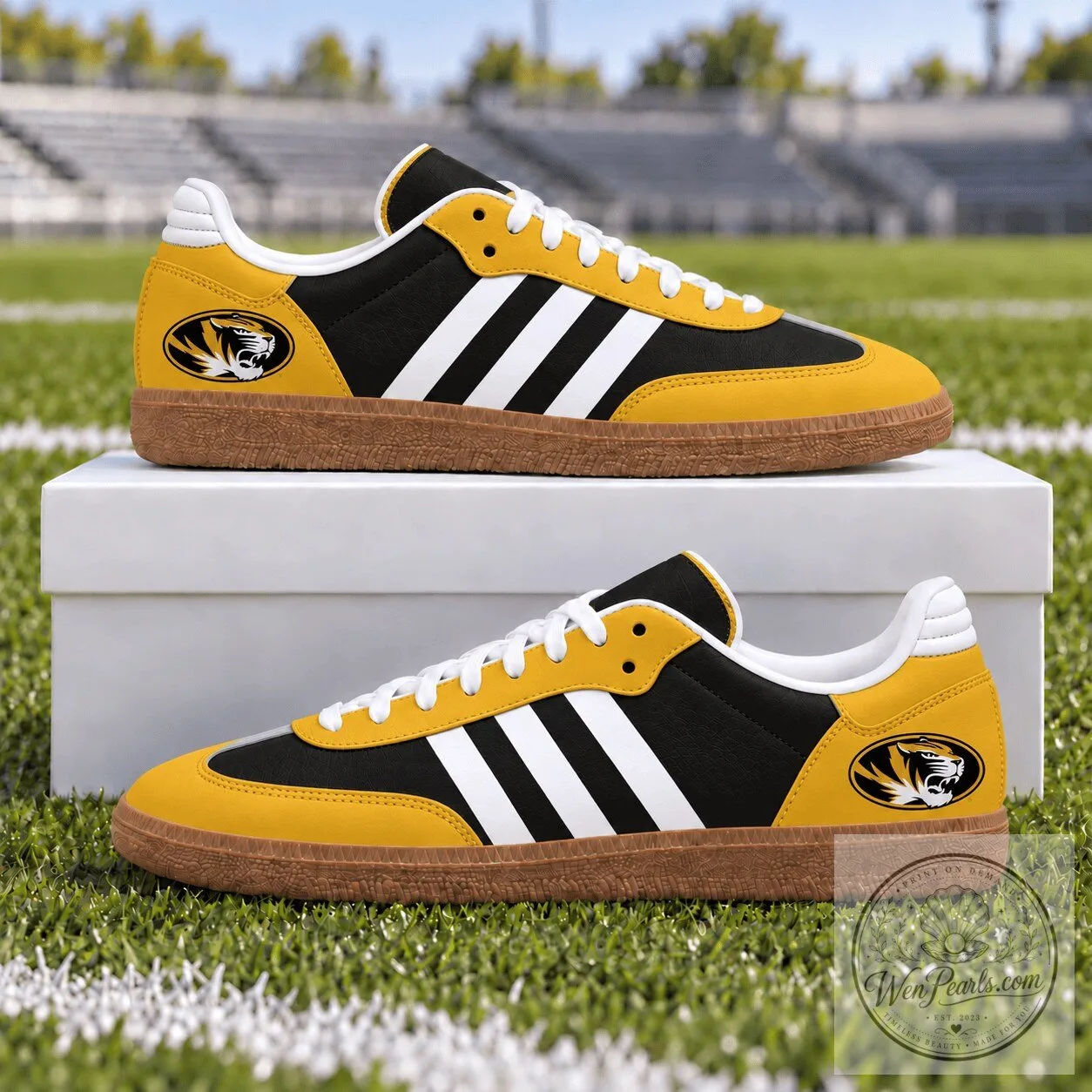 Missouri Tigers NCAA Football Team Black and Gold Striped Samba Style Shoes