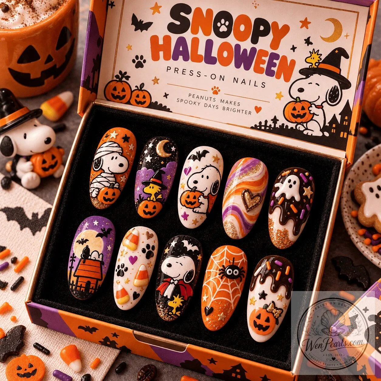 Snoopy Halloween Pumpkins and Woodstock Press-On Nails Set for Peanuts Fans