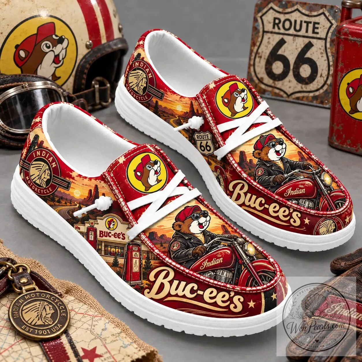 Buc-ee's Indian Motorcycle Route 66 Sunset Canvas Loafer Shoes 2 Buc-ee's Indian Motorcycle Route 66 Sunset Canvas Loafer Shoes