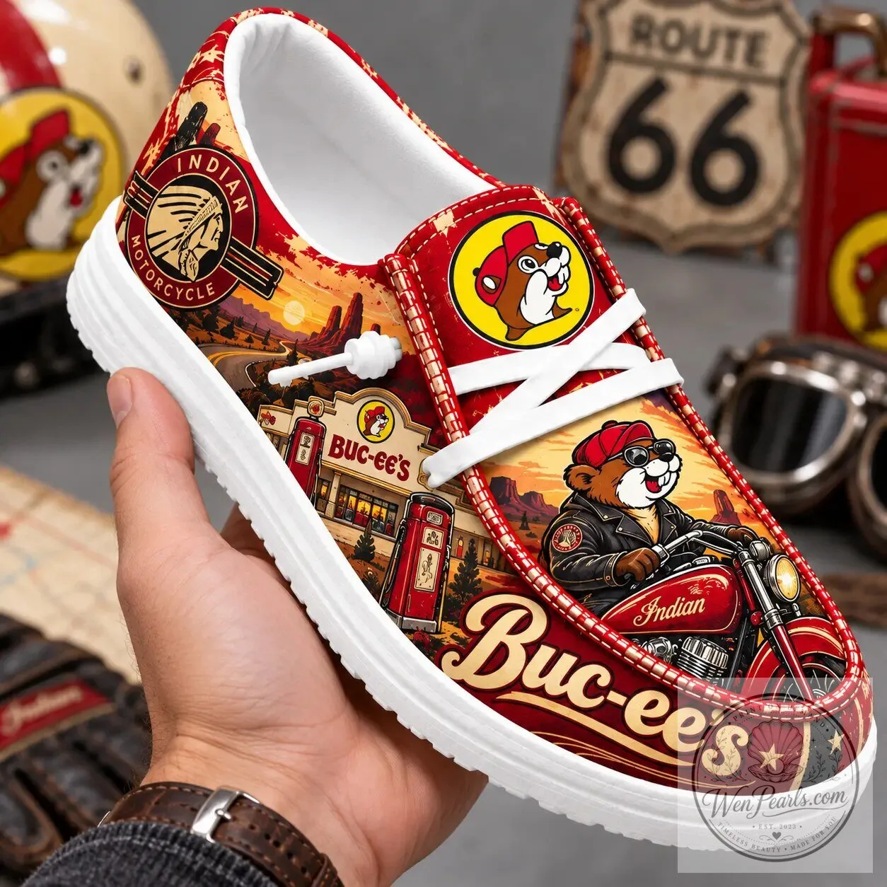 Buc-ee's Indian Motorcycle Route 66 Sunset Canvas Loafer Shoes 7 Buc-ee