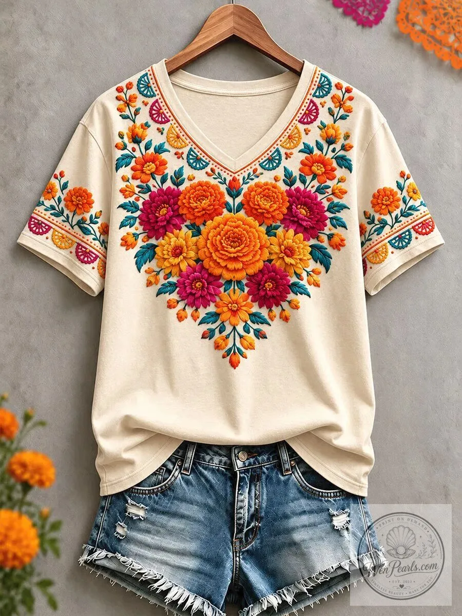 Day of the Dead Floral Embroidered V-Neck Short Sleeve Women's T-Shirt