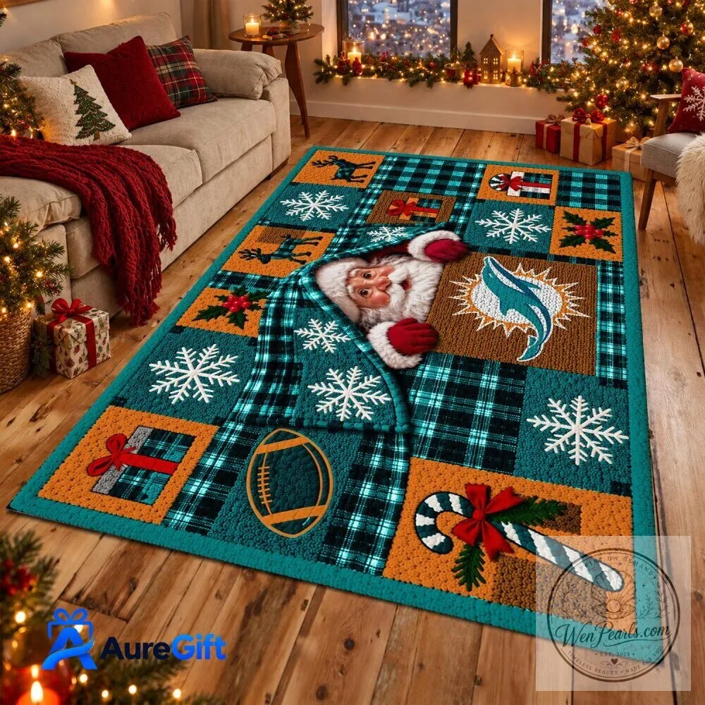 Miami Dolphins Christmas Santa Claus Football Holiday Area Rug