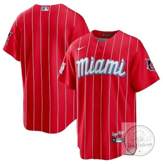 Red Pinstripe Baseball Jersey - Miami Marlins City Connect Edition