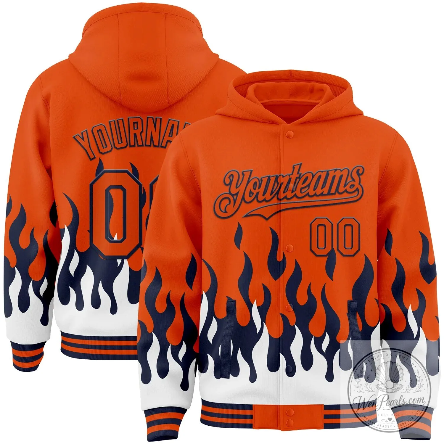 Custom Orange Navy Blue White Fire Flame Bomber Full-Snap Varsity Letterman Hoodie Jacket