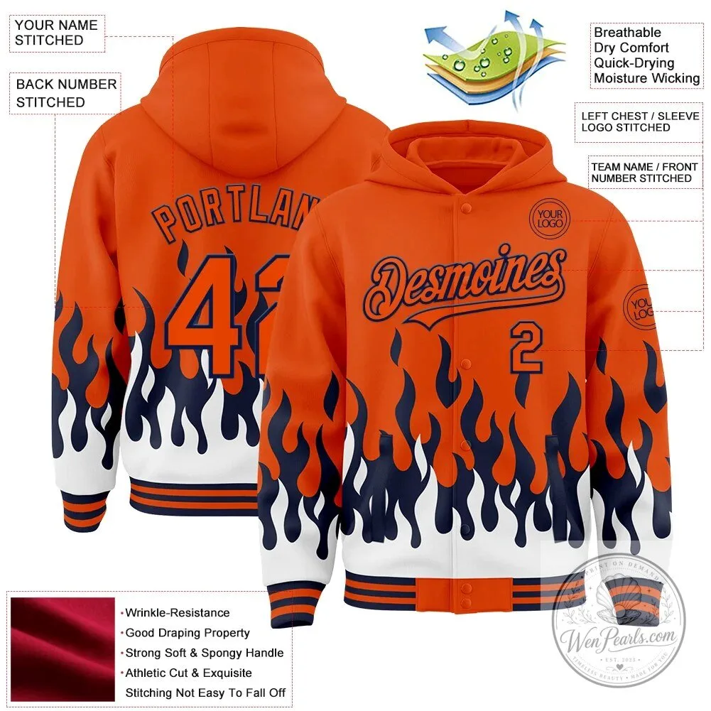 Custom Orange Navy Blue White Fire Flame Bomber Full-Snap Varsity Letterman Hoodie Jacket 13 Custom Orange Navy Blue White Fire Flame Bomber Full-Snap Varsity Letterman Hoodie Jacket