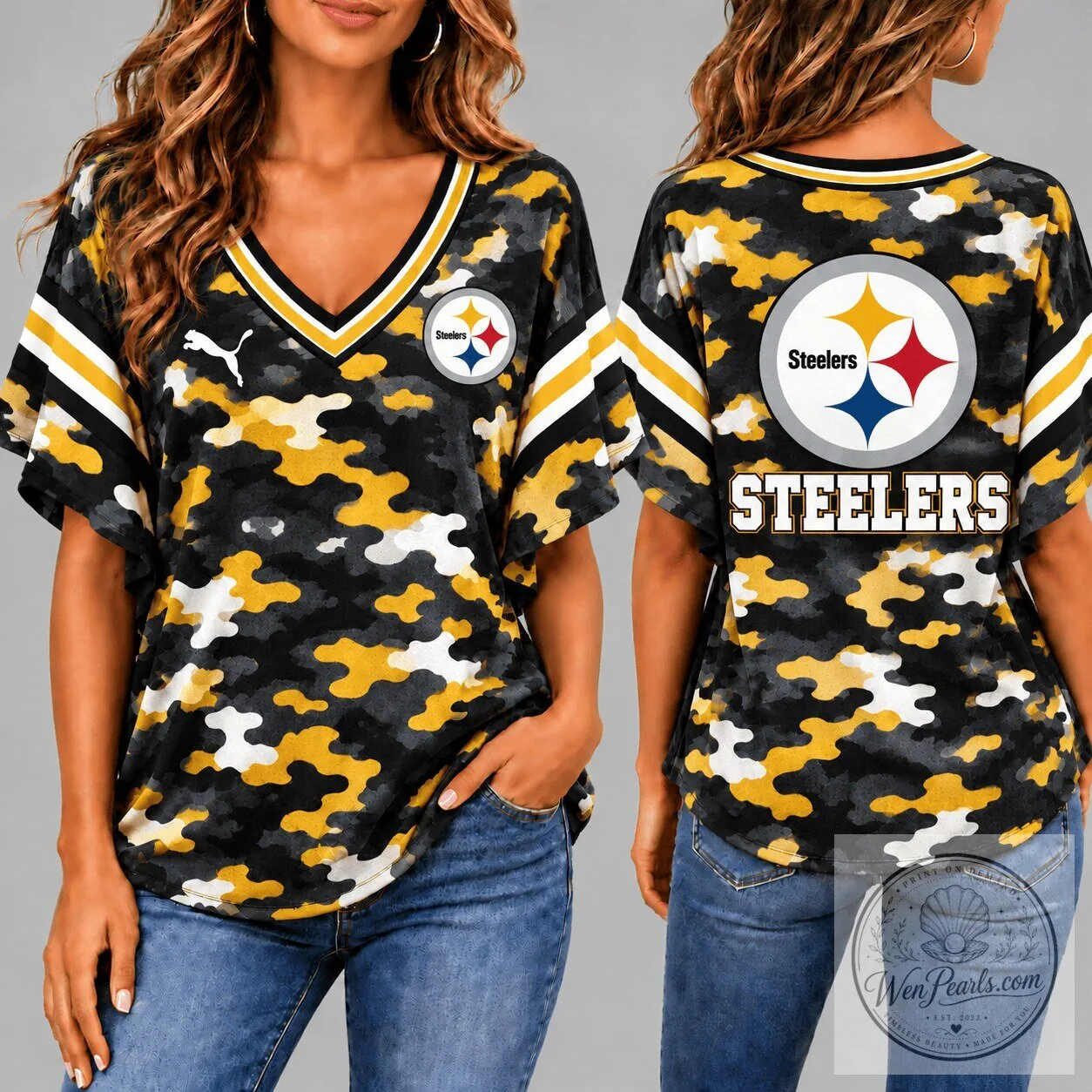Pittsburgh Steelers Camouflage Women's V-Neck Short Sleeve Football T-Shirt