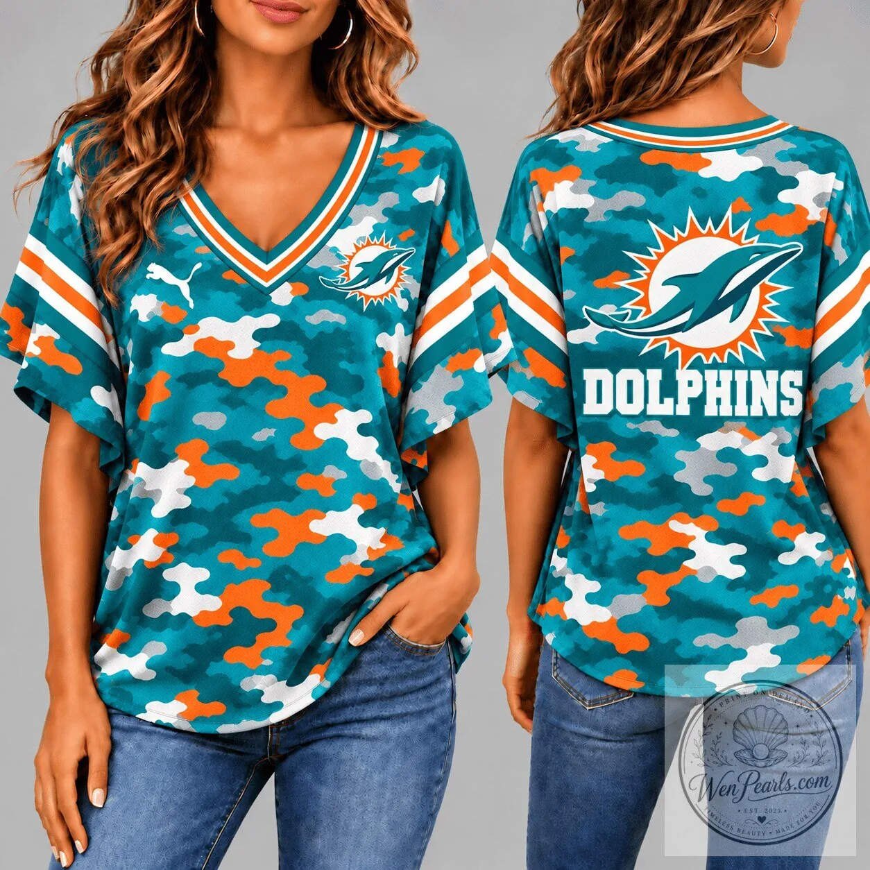 Miami Dolphins Camouflage Print Women's V-Neck Short Sleeve Football Jersey