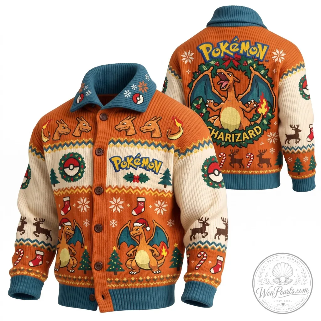 Charizard Ugly Sweater Cardigan for Christmas Holiday - Pokemon Themed Apparel Charizard Ugly Sweater Cardigan for Christmas Holiday - Pokemon Themed Apparel