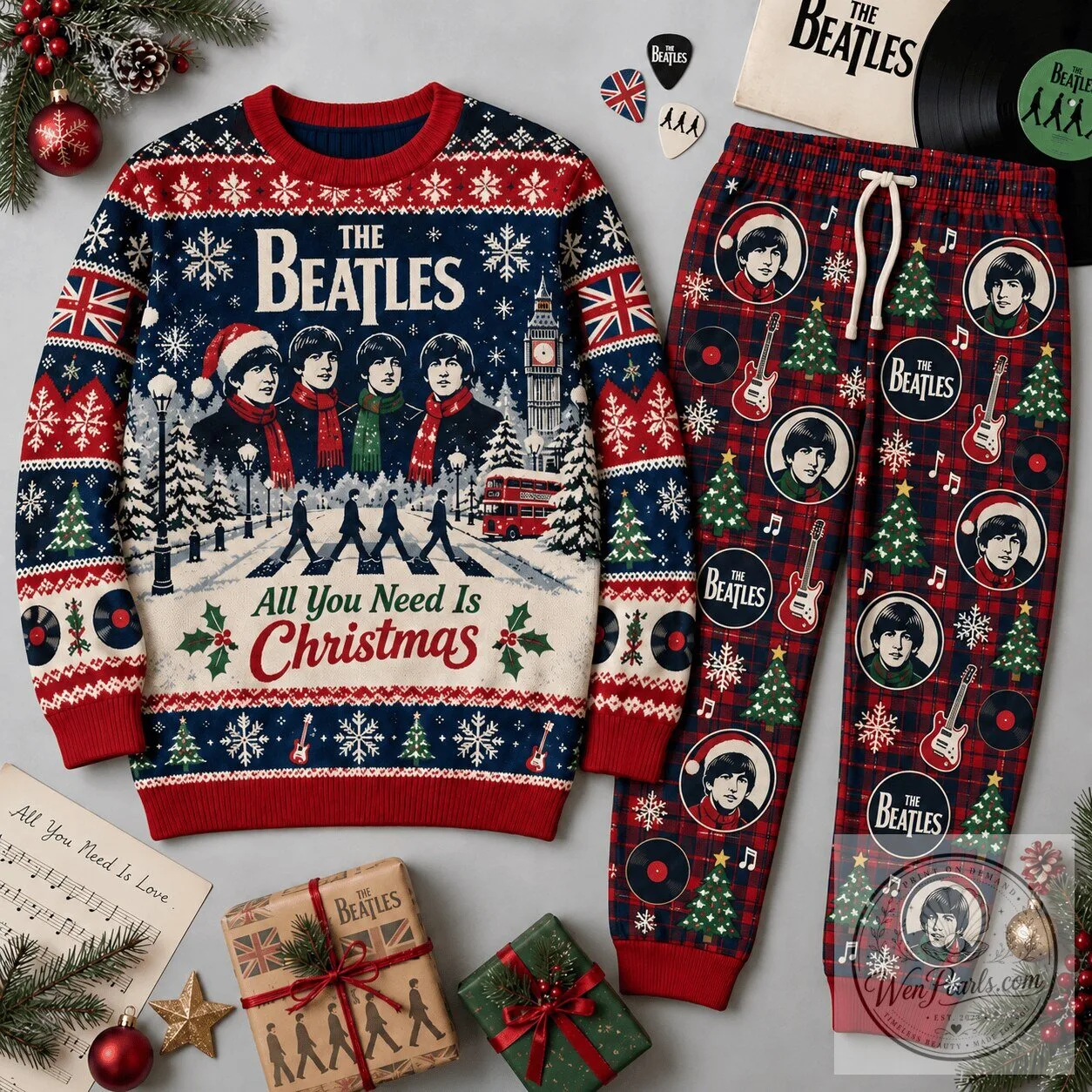 The Beatles All You Need Is Christmas Festive Red Navy Holiday Sweater