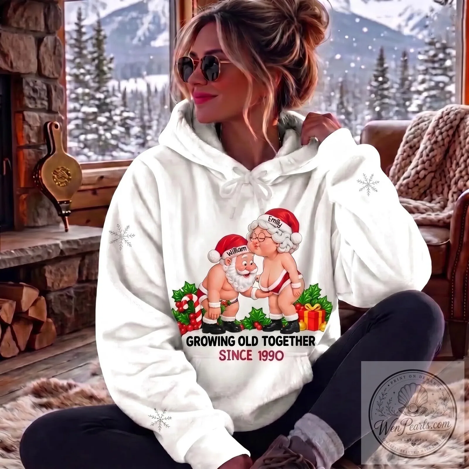 Personalized Naughty Santa Couple Growing Old Together Since 1990 Hoodie