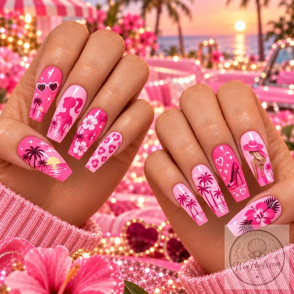 Barbie Malibu Dream Pink Tropical Press-On Nails Set 52 Barbie Malibu Dream Pink Tropical Press-On Nails Set