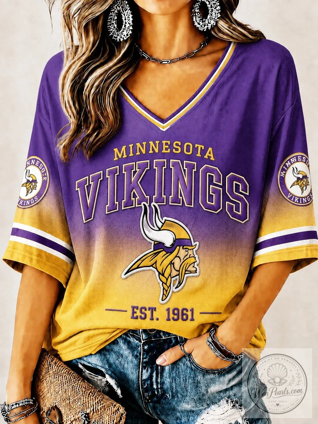 Minnesota Vikings Football Team Purple and Gold Gradient V-Neck T-Shirt
