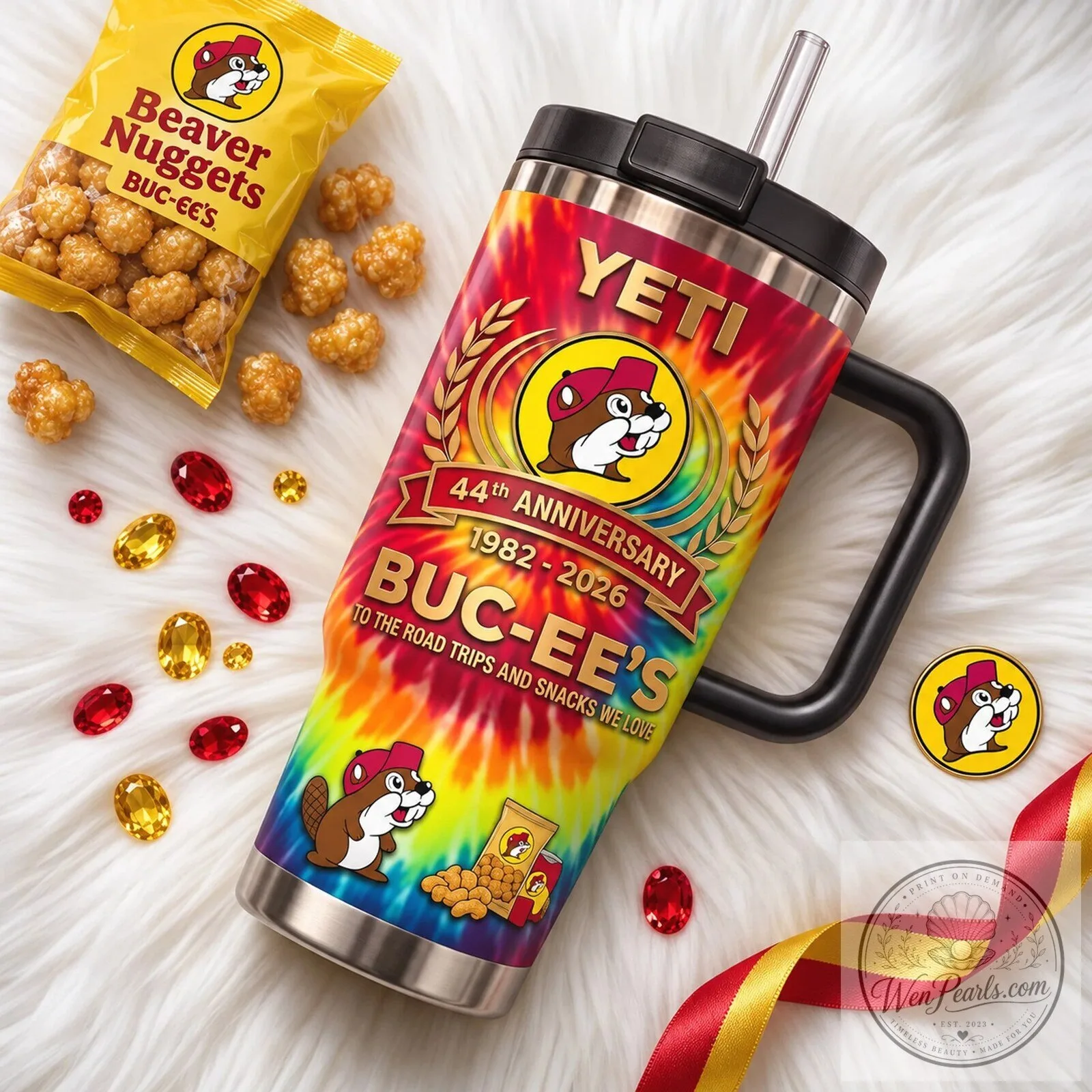 Buc-ee's 44th Anniversary Tie-Dye Travel Tumbler with Handle and Straw 9 Buc-ee