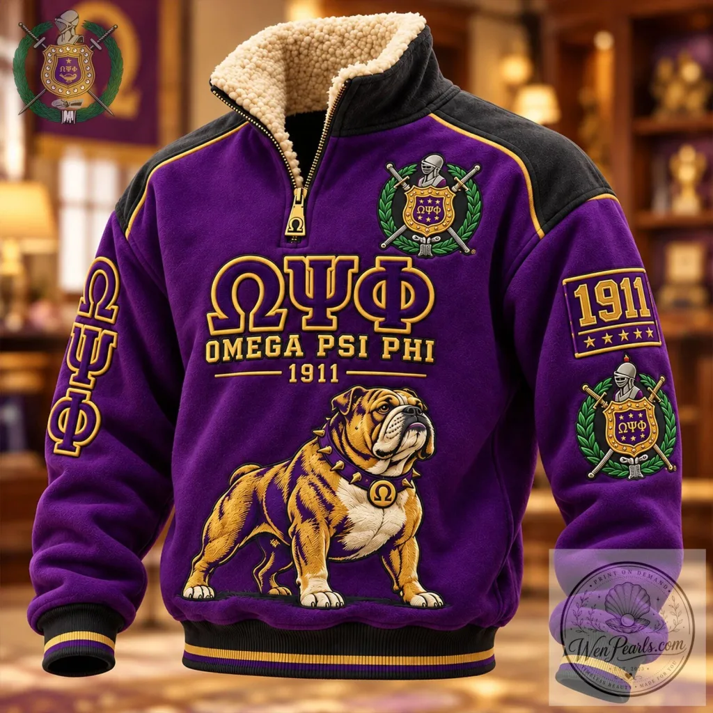 Omega Psi Phi Fraternity Bulldog Sherpa Collar Pullover Sweatshirt Omega Psi Phi Fraternity Bulldog Sherpa Collar Pullover Sweatshirt