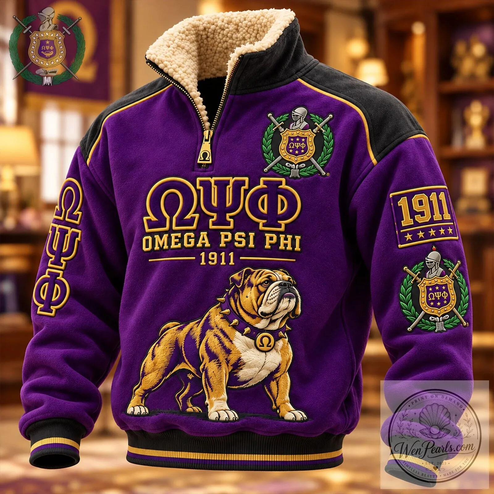 Omega Psi Phi Fraternity Bulldog Sherpa Collar Pullover Sweatshirt 2 Omega Psi Phi Fraternity Bulldog Sherpa Collar Pullover Sweatshirt