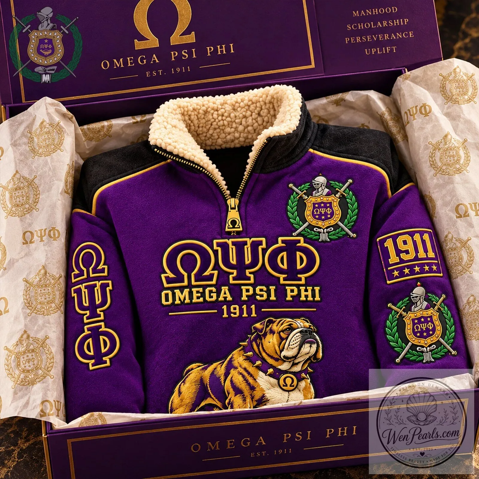 Omega Psi Phi Fraternity Bulldog Sherpa Collar Pullover Sweatshirt 9 Omega Psi Phi Fraternity Bulldog Sherpa Collar Pullover Sweatshirt