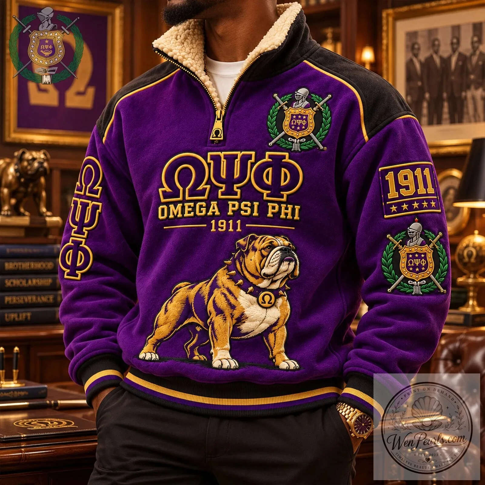 Omega Psi Phi Fraternity Bulldog Sherpa Collar Pullover Sweatshirt 11 Omega Psi Phi Fraternity Bulldog Sherpa Collar Pullover Sweatshirt