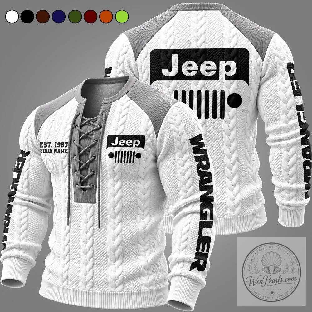 Jeep Wrangler Est. 1987 Lace-Up Pullover Cable Knit Long Sleeve Sweater