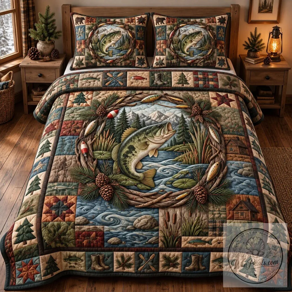 Rustic Bass Fishing Quilted Bedding Set with Pillow Shams Rustic Bass Fishing Quilted Bedding Set with Pillow Shams