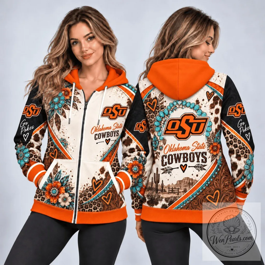 Oklahoma State Cowboys Western Boho Floral Zip Hoodie Oklahoma State Cowboys Western Boho Floral Zip Hoodie