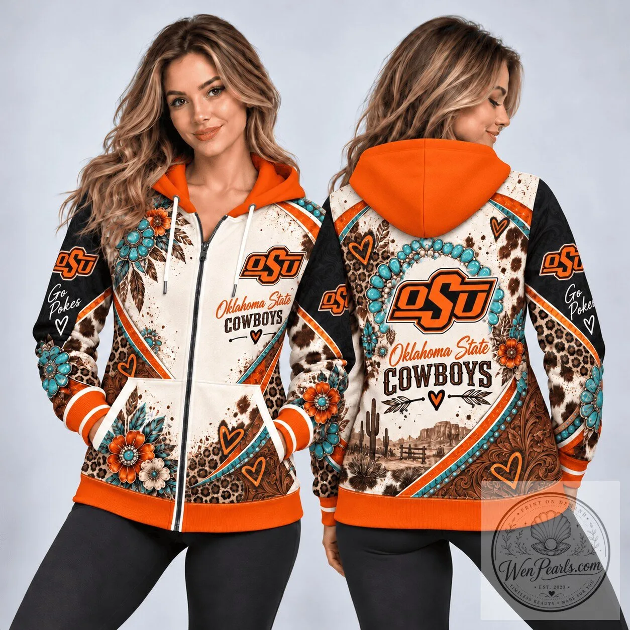 Oklahoma State Cowboys Western Boho Floral Zip Hoodie