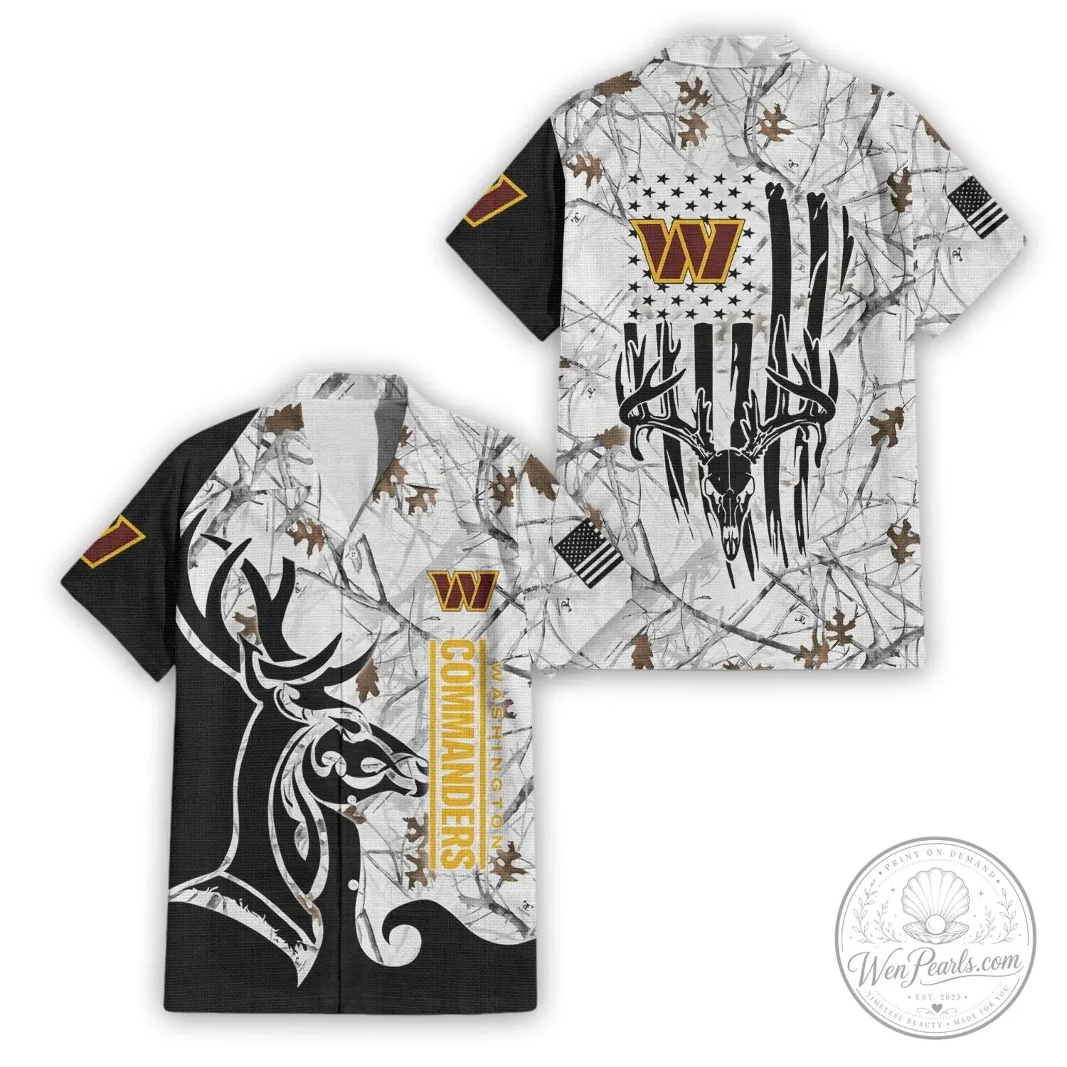 Washington Commanders Hunting Camouflage Deer Skull American Flag Hawaiian Shirt