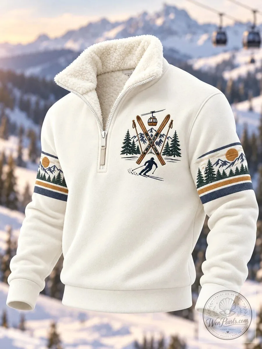 Ski Season Mountain Adventure Embroidered Quarter-Zip Pullover Sweatshirt