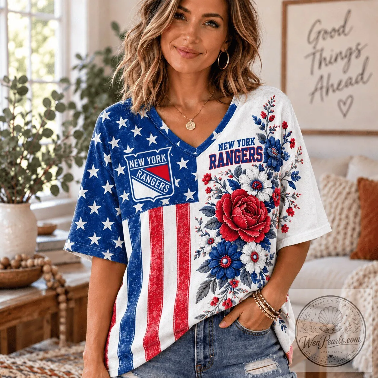 New York Rangers NHL Fan Shirt, Patriotic Floral V-Neck T-Shirt for Women