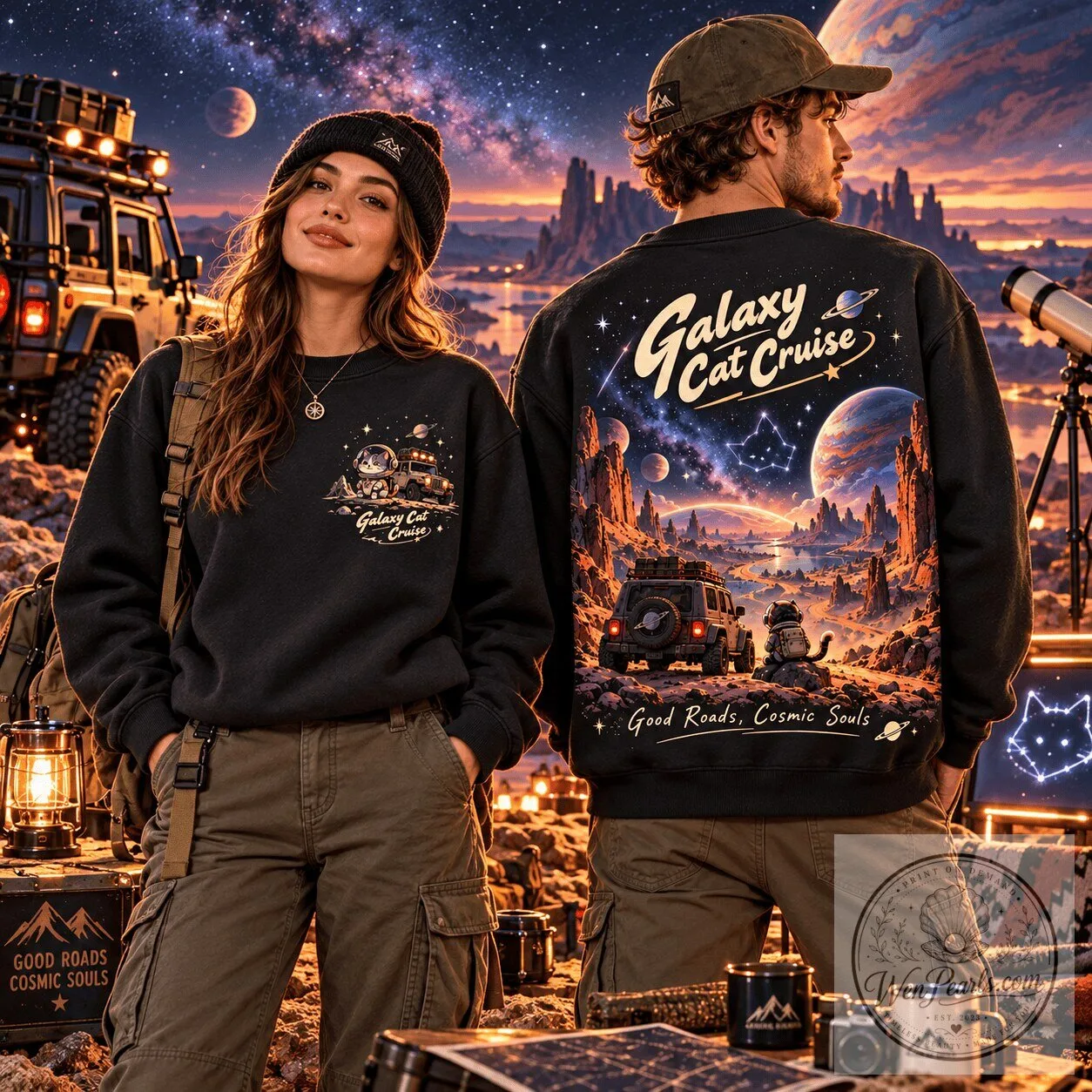 Galaxy Cat Cruise Good Roads Cosmic Souls Space Adventure Sweatshirt