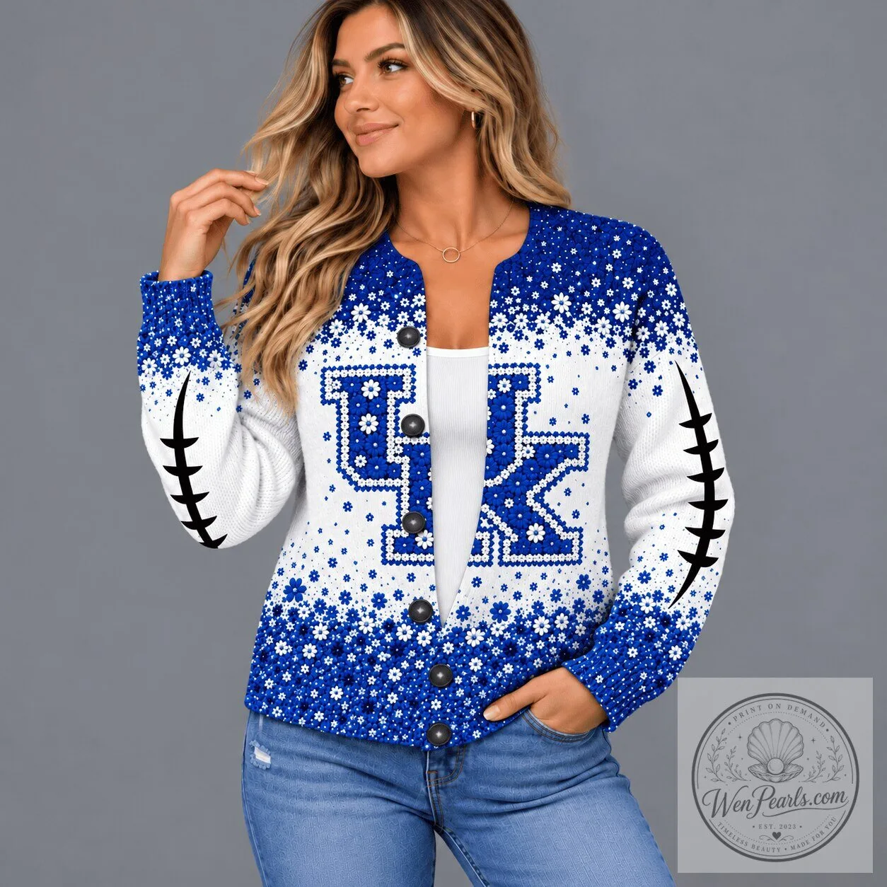 Kentucky Wildcats Football Pattern Floral Design Button-Up Cardigan Sweater