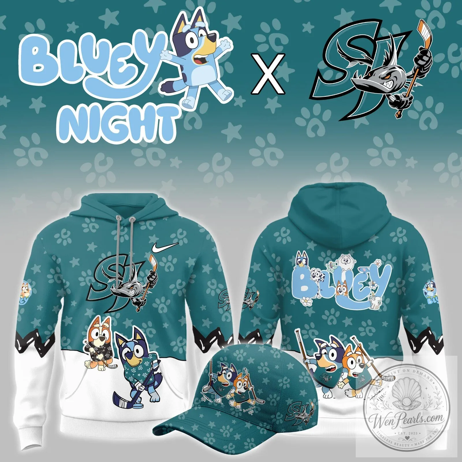 Bluey San Jose Barracuda Hockey Night Game Character Hoodie